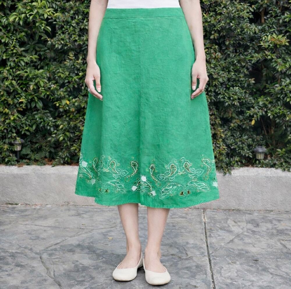 Apostrophe Green Floral Embroidered Linen Beaded Skirt Women’s 2 Boho Twee